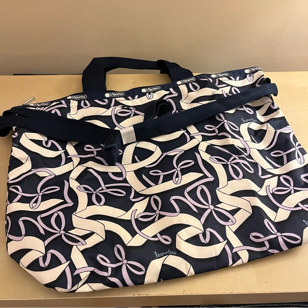 LeSportsac Hope Ribbons Navy and Cream Tote with Purple Accents - Picture 5 of 5